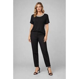 Lashes Black Beaded Neck Top XL Rayon Stretch Short Sleeve Dressy Chic